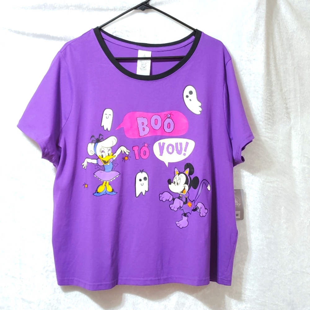 Disney Halloween Boo To You Purple Shirt Minnie Daisy 1X Ghosts Black Collar